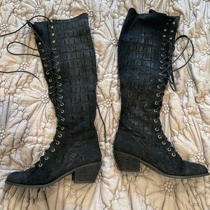 Jeffery Campbell Joe 2 Boots. Black croc embossed suede.